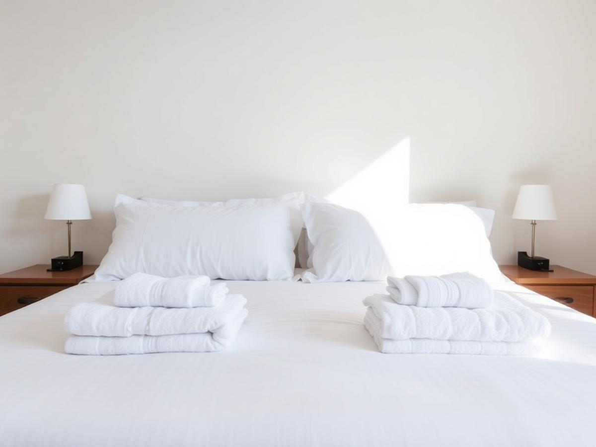Freshly turned over Airbnb bedroom with crisp white linens and folded towels