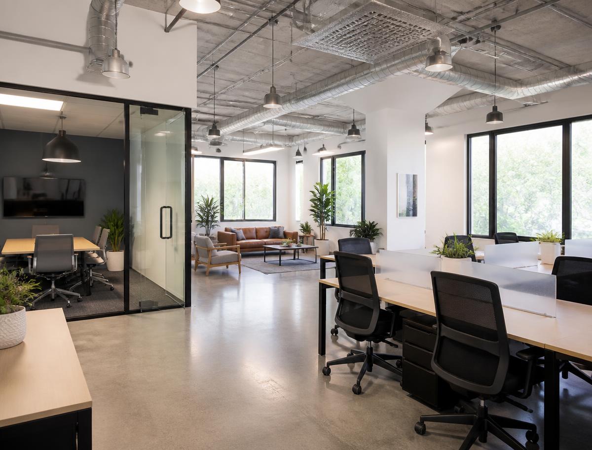 Spotless modern office interior with polished floors and glass walls